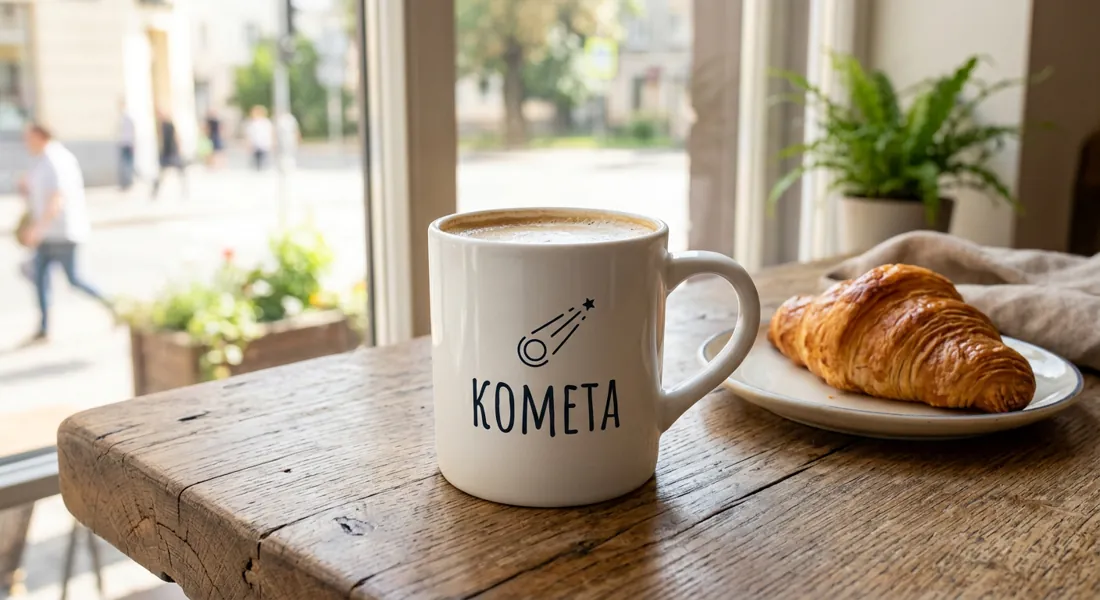 Фото продукта: белая керамическая кружка с простым логотипом кофейни «Комета» на деревянном столе у окна, утренний свет, рядом круассан, реалистичная фотография