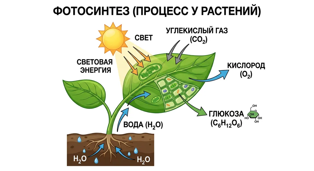Понятная схема для школьного доклада «Фотосинтез»: лист растения, солнце, стрелки CO2, O2, вода, глюкоза, подписи на русском, чистый белый фон, стиль учебника