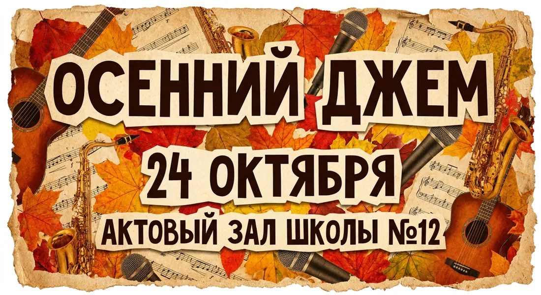 Афиша школьного концерта «Осенний джем», 24 октября, актовый зал школы №12. Крупная типографика, бумажная текстура, тёплые осенние цвета, весь текст на русском без ошибок